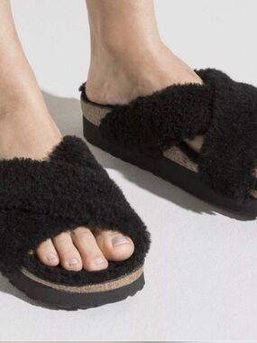 Papillio Black Plush Shearling Crossover Slide Sandals, NWT